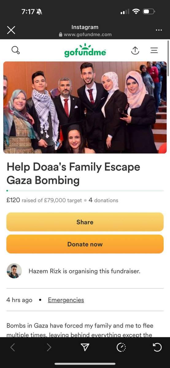 دعاء صديقتنا و عيلتها محتاجين يخرجوا من غزه ف اقرب وقت عشان ينجو بحياتهم و ينقذوا ما يمكن انقاذه بعد ما خسرو كل شيء فالحرب !!
محتاجين نعمل شير نساعدهم اللينك يوصل لأكبر عدد من الناس هنا أو لحد من رجال الأعمال أو المؤسسات الي تقدر تساعد فعلا 
شير من فضلكم‼️ gofund.me/e4d59c61