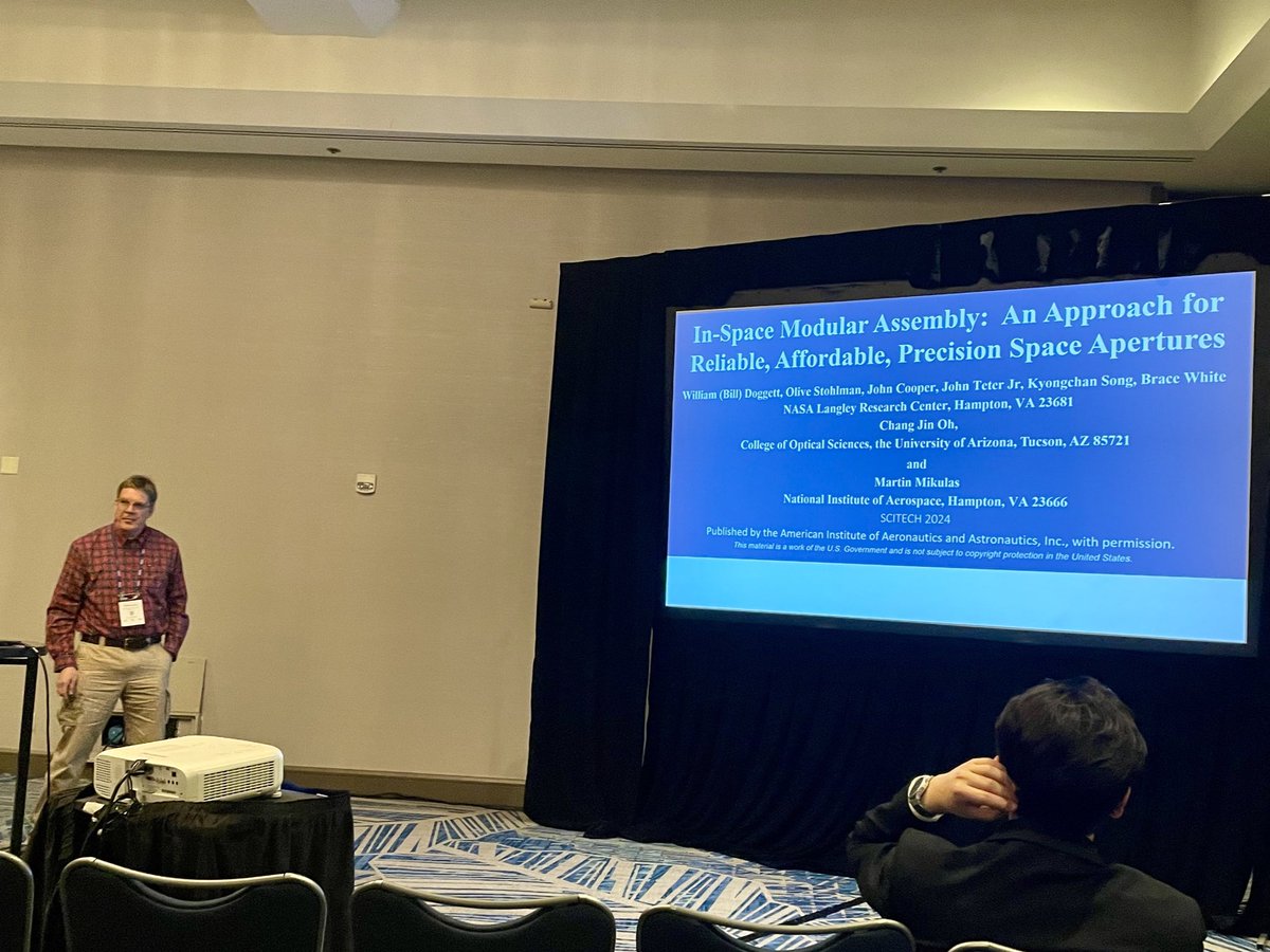 Dr Bill Doggett from <a href="/NASA_Langley/">NASA Langley Research Center</a> speaking at #AIAASciTech 2024 about how In-space Module Assembly will revolutionize the creation, upgrade, and evolution of future space systems 🛰️