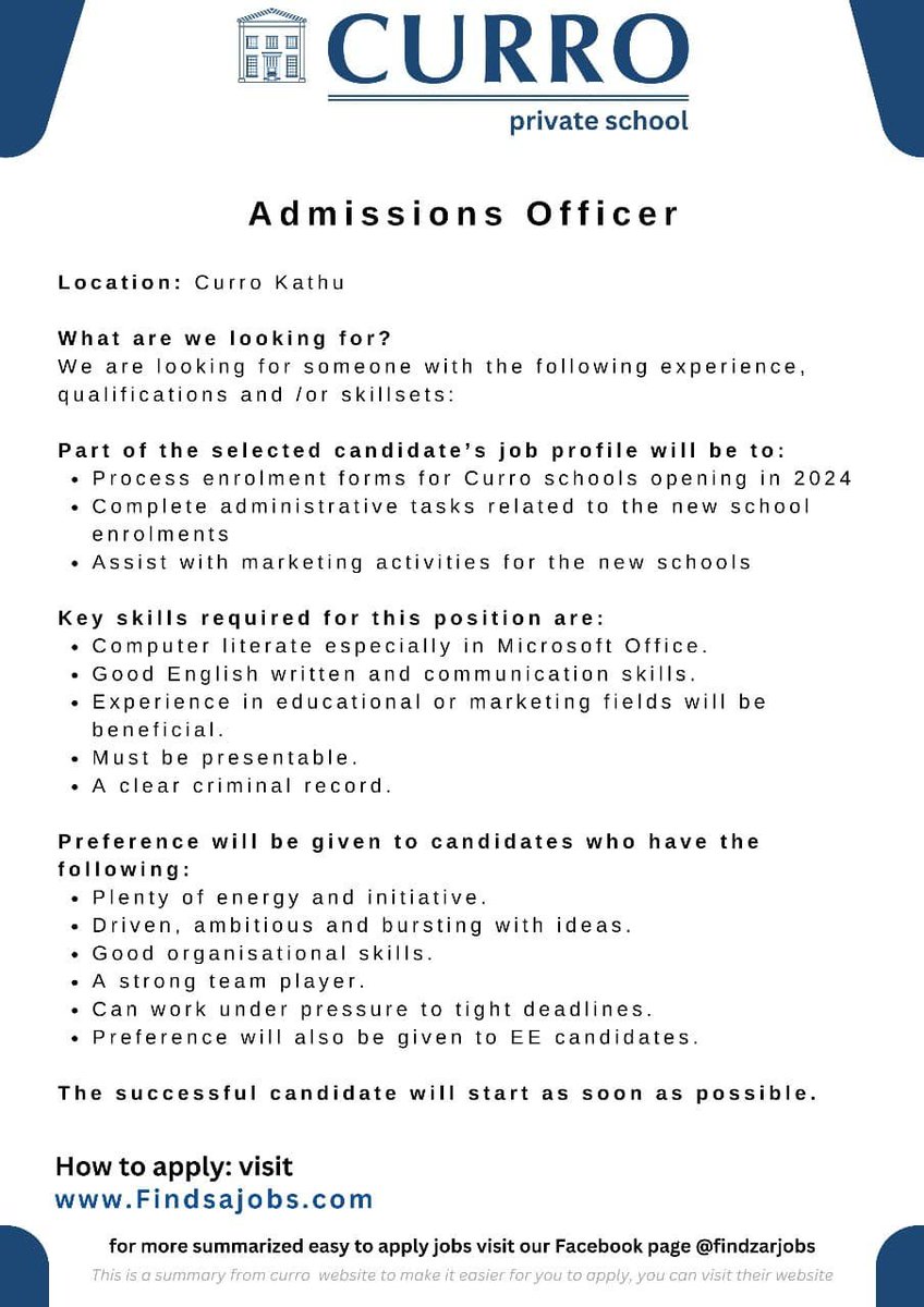 NthabelengDlam3's tweet photo. 📷 Curro is Looking for Admissions Officers
Requirements:
• Computer Literate
• Clear criminal record
Apply here: https://t.co/ANMVy7IymS https://t.co/IKVBECL94l
