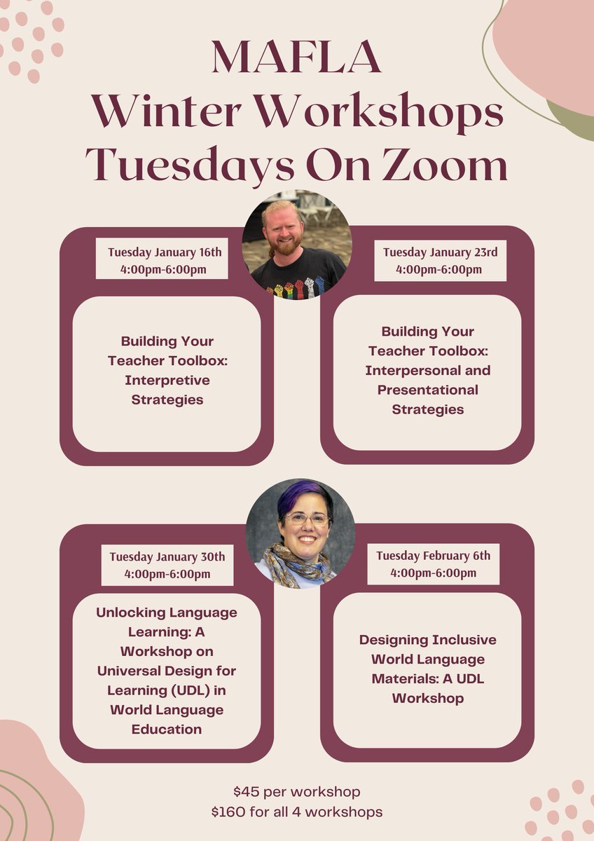 Don't forget about our registration for Winter Workshops! Gain some new strategies in the 3 modes of communication or learn how to better meet the needs of all of your students.

The Bundle price ends January 13th

Hope to see you there!

#langchat

mafla.org/pdonline/winte…