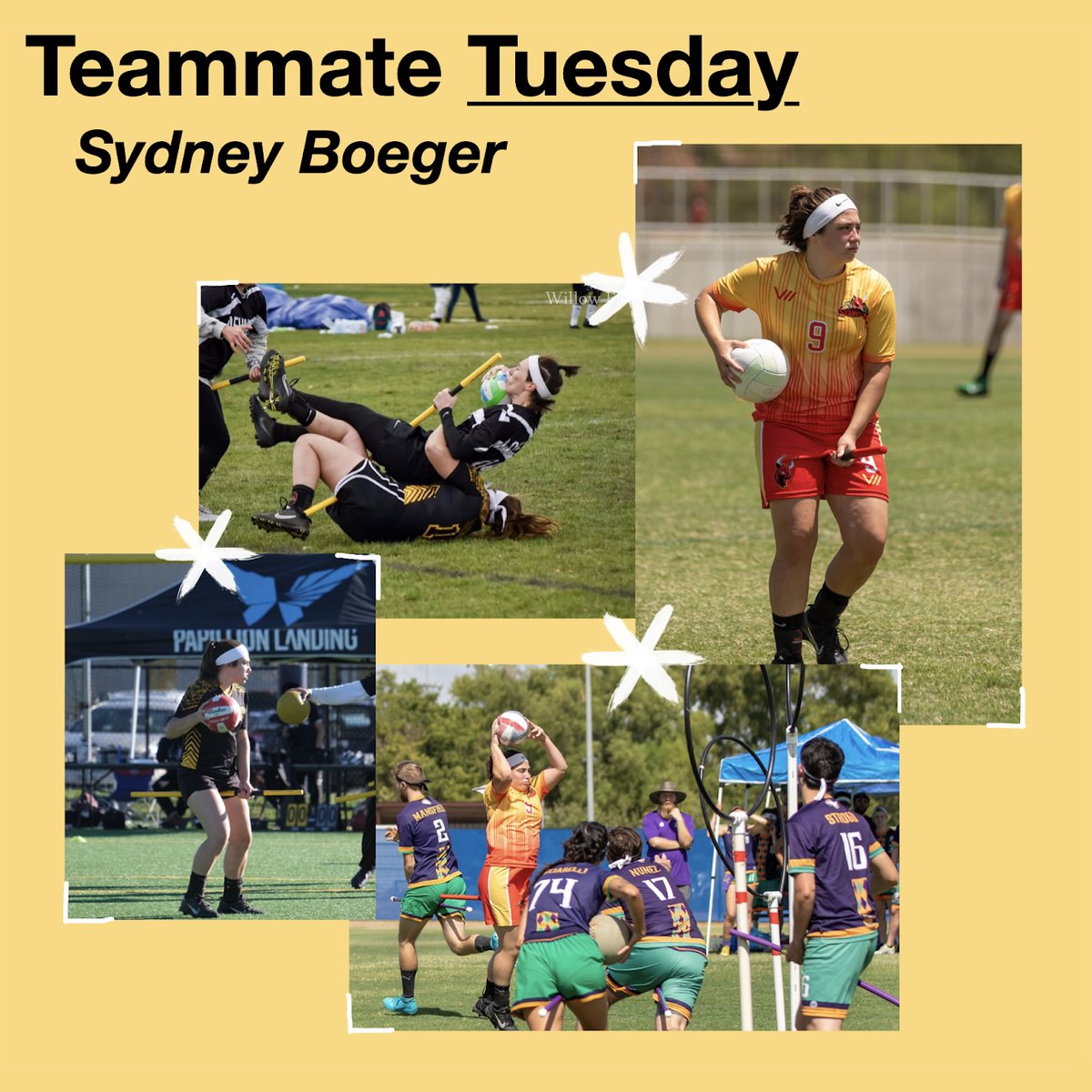 Our next player highlight is Sydney Boeger!  

Number: 11  

Position: Chaser  

Years on team: 5  

Major: Journalism   

Favorite thing about Quadball: The team and tackling

Favorite mobile phone game: Candy Crush  

📸: Willow Elser, Kim Wright