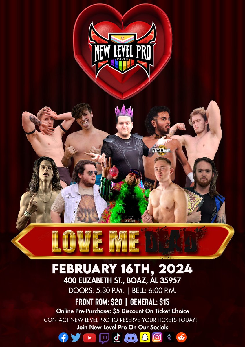 🚨 1ST SHOW OF THE YEAR 🚨 

Join NLP as we debut at the Boaz Recreation Center on Friday, 2/16, with “Love Me Dead”!

🚪- 5:30 p.m. | 🔔- 6 p.m.

Message the page to pre-order your seats today to guarantee the best seating available and secure five dollars off each ticket!