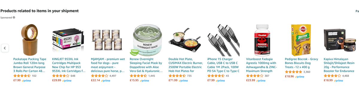 TAGreenwood's tweet photo. Bought a 2-plate portable hob... Amazon's random  "Products related to your shipment" includes dog food, skin cream, brown tape, iphone chargers and printer ink ... unsure how any of these are related to a 2-plate portable hob !! 🤷‍♀️ https://t.co/VjnlmPpjrf