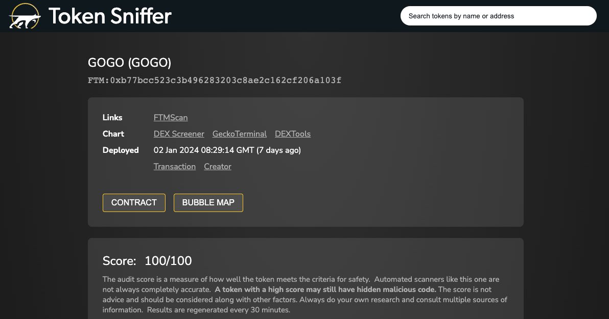GogoFTM's tweet photo. Token Sniffer ✅ @Token_Sniffer 

Dextools @DEXToolsApp you’re up next! https://t.co/gmWr2P3SdJ