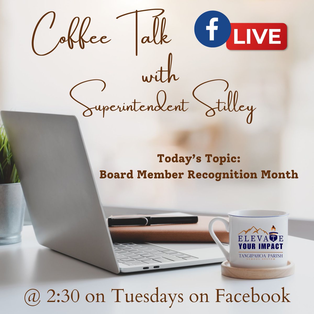 Happy New Year! We are kicking off the new year with our first Coffee Talk for 2024 on Facebook Live at 2:30 PM. Join Superintendent Stilley as she talks about Board Member Recognition Month. Don't miss the opportunity to learn about our school board members. #elevateyourimpact