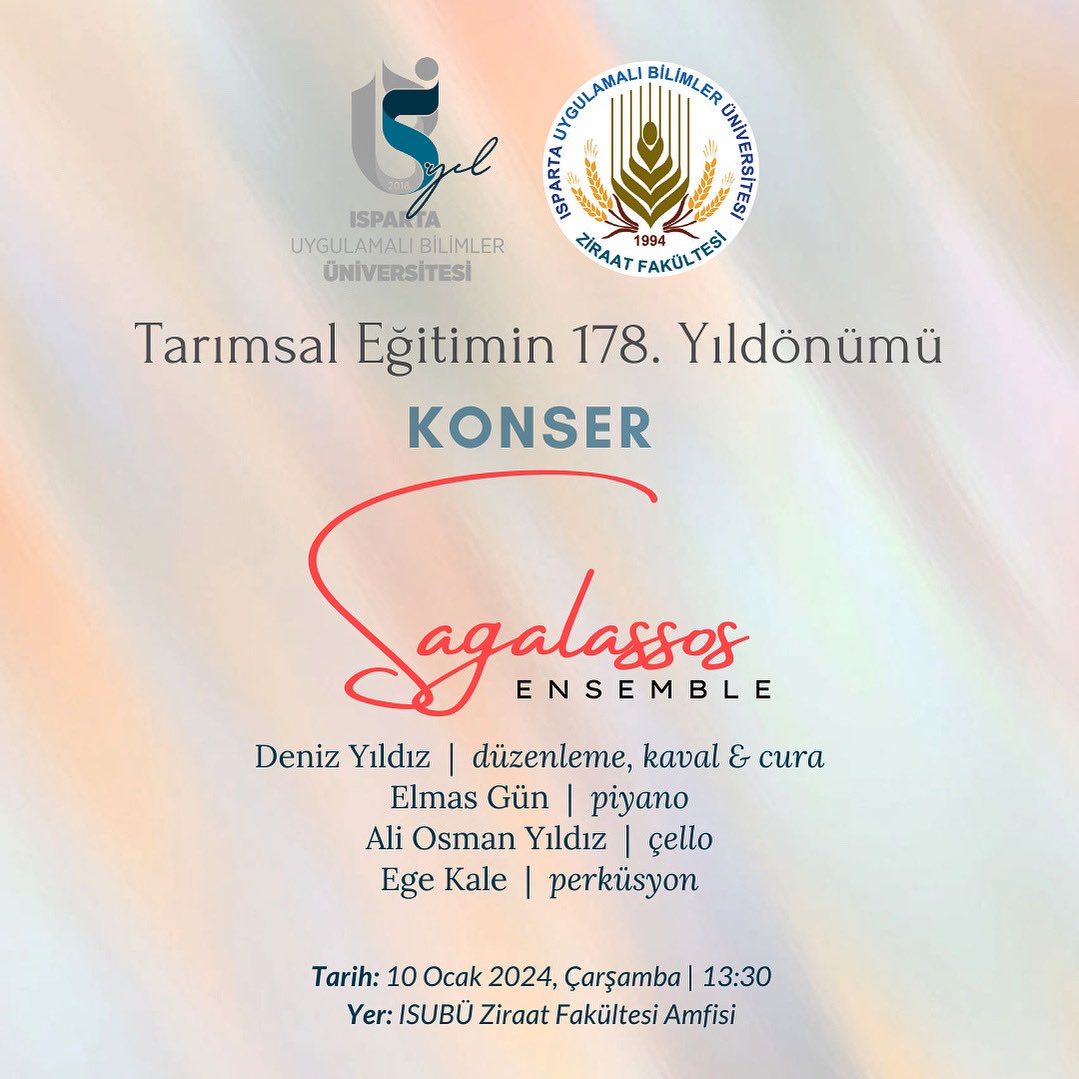 Ben, piyanist Elmas Gün, çellist Ali Osman Yıldız, perküsyonist Ege Kale’den oluşan #SagalassosEnsemble ilk konserini 10 Ocak 2024 çarşamba, saat 13.30 da gerçekleştirecek. Isparta ve çevresinde yaşayan müzikseverlere duyurmak istedim.