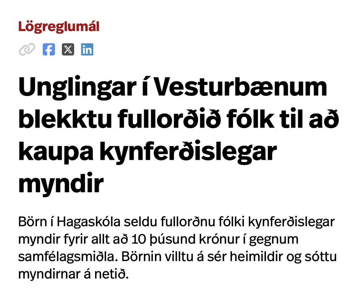 Væri ekki eðlilegra ef fyrirsögnin væri: “Fullorðið fólk sem stundar það að óska eftir og kaupa klámfengnar myndir á snapchat þóttist vera hissa þegar upp komst að unglingar væru að selja þær” 
Af því varla fór kennitalan framhjá þeim þegar þeir lögðu inn á börnin..?