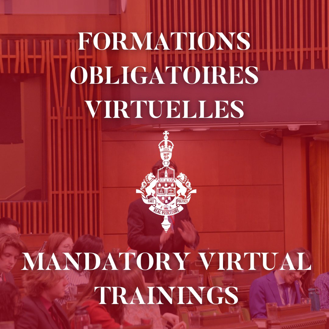 [English follows]

Avant de nous rejoindre à la Chambre des communes pour les journées de séance, tous les participants doivent assister aux formations virtuelles! 

Les formations couvrent des sujets importants comme la procédure parlementaire et d'autres règles de conduite à la