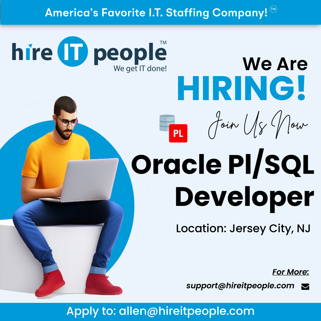 We are Hiring Job ID: 40784 Position: Oracle Pl/SQL Developer Location: Jersey City, NJ View Full Job Description At: hireitpeople.com/jobs/40784-ora… #oraclejobs #sqljobs #developerjobs #jerseycityjobs #hireitpeoplejobs #itjobs #h1btransfer