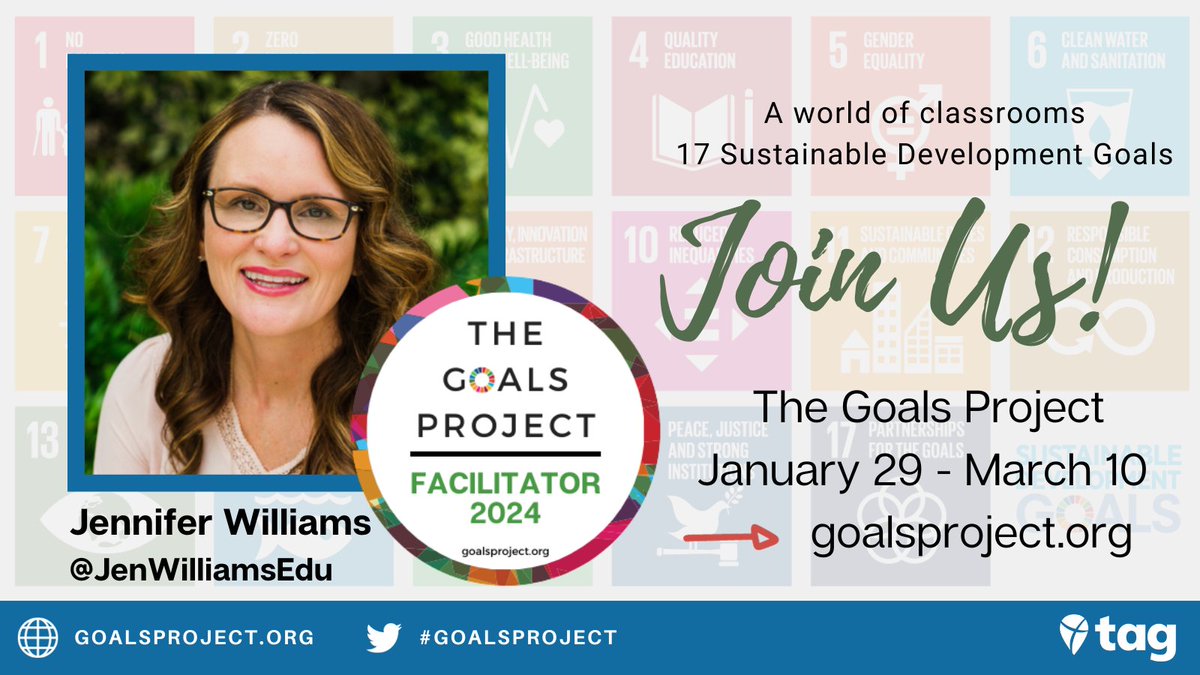 JenWilliamsEdu's tweet photo. The #GoalsProject is back! Join us for a 6-week free project exploring the #GlobalGoals! Sign up to join a group—PreK through University!

🌎17 Sustainable Development Goals
🌍Inquiry, collaboration, shared experience
🌏Join us -->  https://t.co/8QCK4wTIlt https://t.co/T6ykerBdfl
