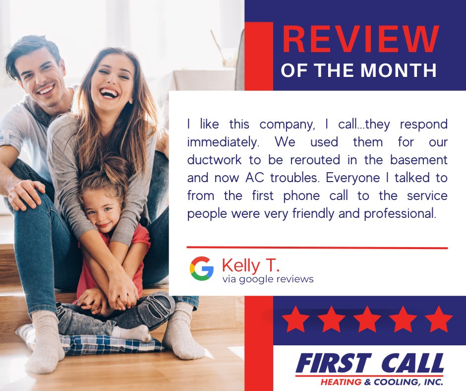 Thank you, Kelly! Your support is appreciated! #FirstCallHeatingandCooling #ReviewoftheMonth #TestimonialTuesday #racinewisconsin #RacineHVAC