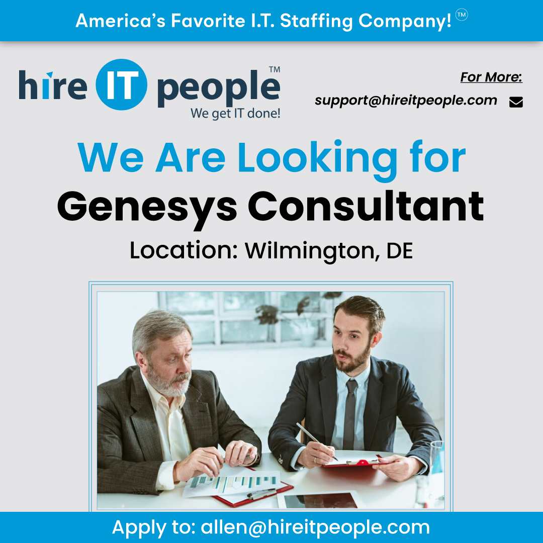 We are Hiring Job ID: 40785 Position: Genesys Consultant Location: Wilmington, DE View Full Job Description At: hireitpeople.com/jobs/40785-gen… #genesysjobs #consultantjobs #wilmingtonjobs #hireitpeoplejobs #itjobs #h1btransfer