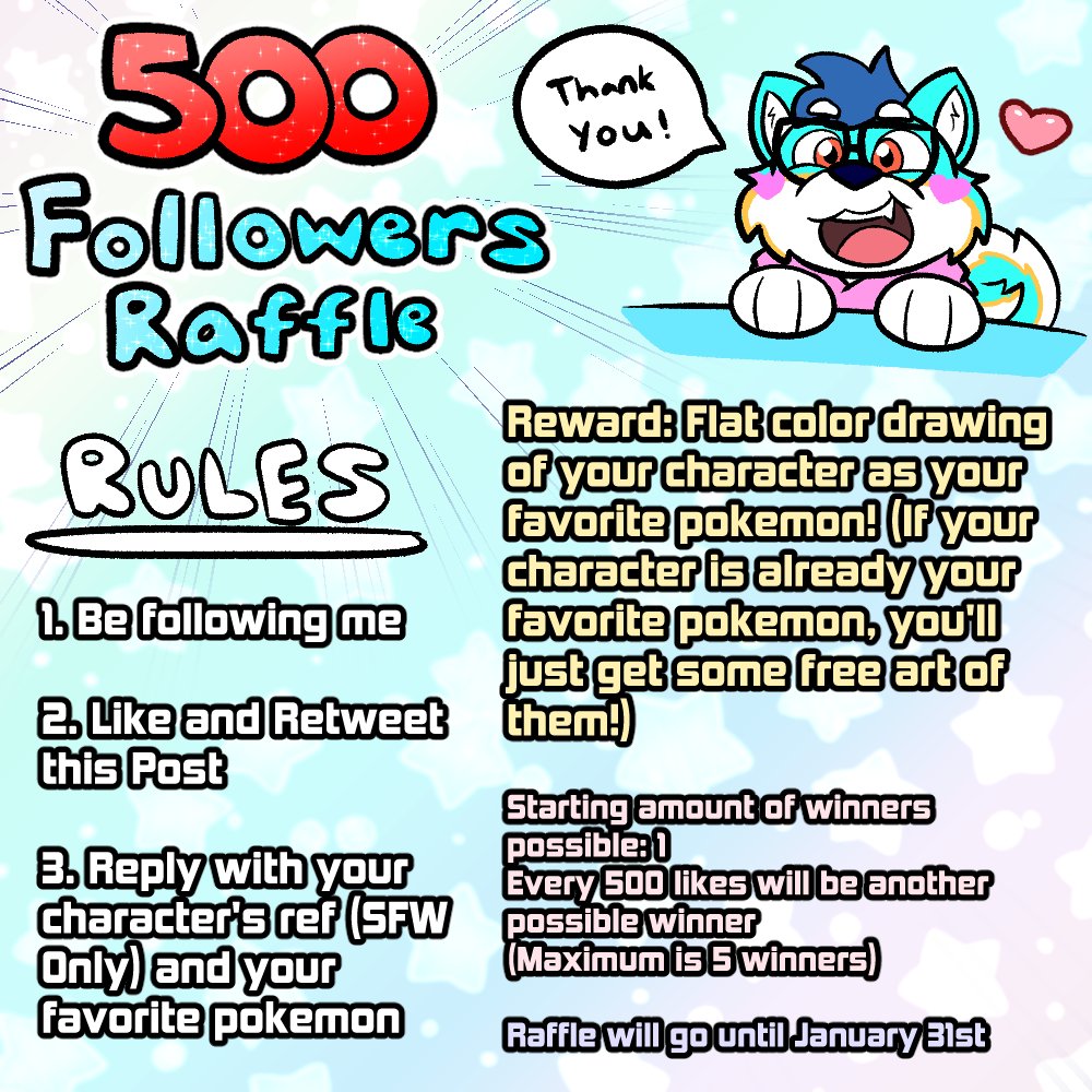 TheShibaChris's tweet photo. 🎉500 Followers Raffle!!🎉

Take the chance of seeing your sona/oc as your favorite pokemon, or just a pokemon of your choosing!

Must be following, like and retweet, and send your ref (SFW) and the pokemon you want your character to be

Good luck! :) https://t.co/doUewXtf3L