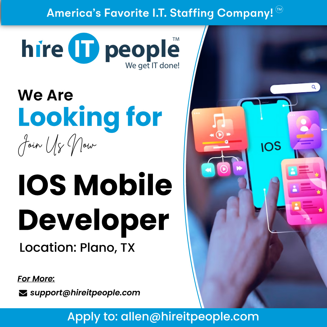 We are Hiring Job ID: 40786 Position: IOS Mobile Developer Location: Plano, TX View Full Job Description At: hireitpeople.com/jobs/40786-ios… #iosmobilejobs #developerjobs #planojobs #hireitpeoplejobs #itjobs #h1btransfer #h1bjobs #usajobs #usa #tnvisajobs #e3visajobs #h1bvisajobs