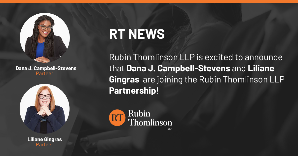 RubinThomlinson's tweet image. ✨Welcoming workplace investigators Dana J. Campbell-Stevens &amp;amp; Liliane Gingras as our newest partners! 

Learn about them below:

Dana 👉 rubinthomlinson.com/lawyers/6582/

Liliane 👉 rubinthomlinson.com/lawyers/lilian…

#PartnerUpdate