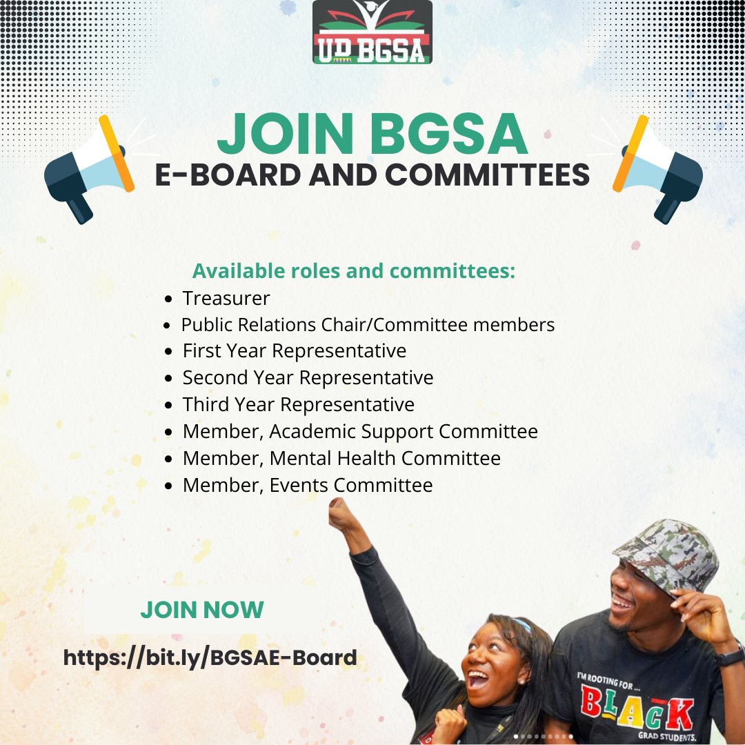 ud_bgsa's tweet photo. ‼️ We are now accepting nominations for the 2024 Black Graduate Student Executive Board. Kindly fill the expression of interest form https://t.co/cW7JwulPZA by 26th January 2024. https://t.co/dbEQiUnQoA