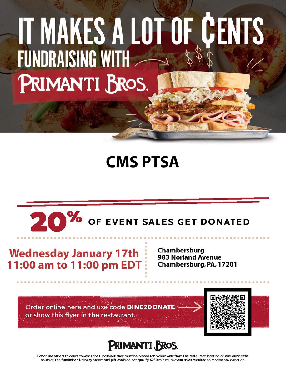 CMS_PTSA's tweet photo. Next Wednesday, January 17th!! Use the code DINE2DONATE if ordering online or show the graphic in person for 20% of your purchase to go towards the CMS PTSA. https://t.co/2s6kvfQIQr