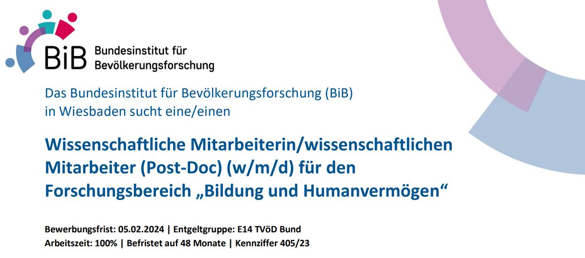 📢We are hiring  
<a href="/bib_bund/">Bundesinstitut für Bevölkerungsforschung (BiB)</a> bietet eine 4-Jahres PostDoc-Stelle in der empirischen #Bildung|sforschung mit #Politik|nähe in unserer Forschungsgruppe "Bildung und Humanvermögen". Freude an Datenarbeit? Erfahrung mit kausalen Methoden oder Experimenten? 

👉bib.bund.de/DE/Institut/St…