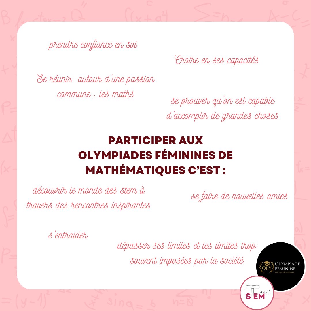 Et oui, participer aux Olympiades c’est bien plus qu’un simple concours, c’est une expérience unique et enrichissante à travers laquelle vous aurez l’occasion d’accomplir de grande choses ! 🌟🏅💪 

#girlinmaths #STEM #girlinstem