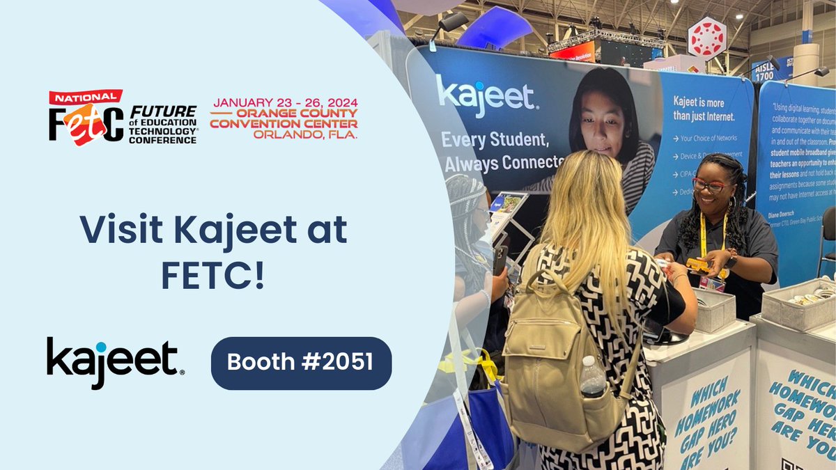 Kajeet's tweet photo. Team Kajeet is headed to Orlando for FETC 2024! Make sure to stop by booth #2051 during the show & get your questions about E-Rate eligibility for school bus Wi-Fi answered! https://t.co/dBstyJZnWY
@fetc #edtech #edchat #fetc #fetc2024 #funding #erate #schoolbus #schoolbusWiFi https://t.co/i9O2bIkAj6