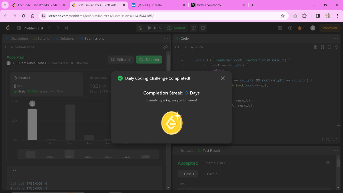 Solving daily problem (Day_9) on <a href="/LeetCode/">LeetCode</a>. Learning with fun and enjoying the journey of goal/destination. 

Q. 872. Leaf-Similar Trees.

#leetcodechallenge #problemsolving 
#improvement #LeetCode 
#CodingChallenge 
#NewSkills #DailyChallenges 
#LearnInPublic