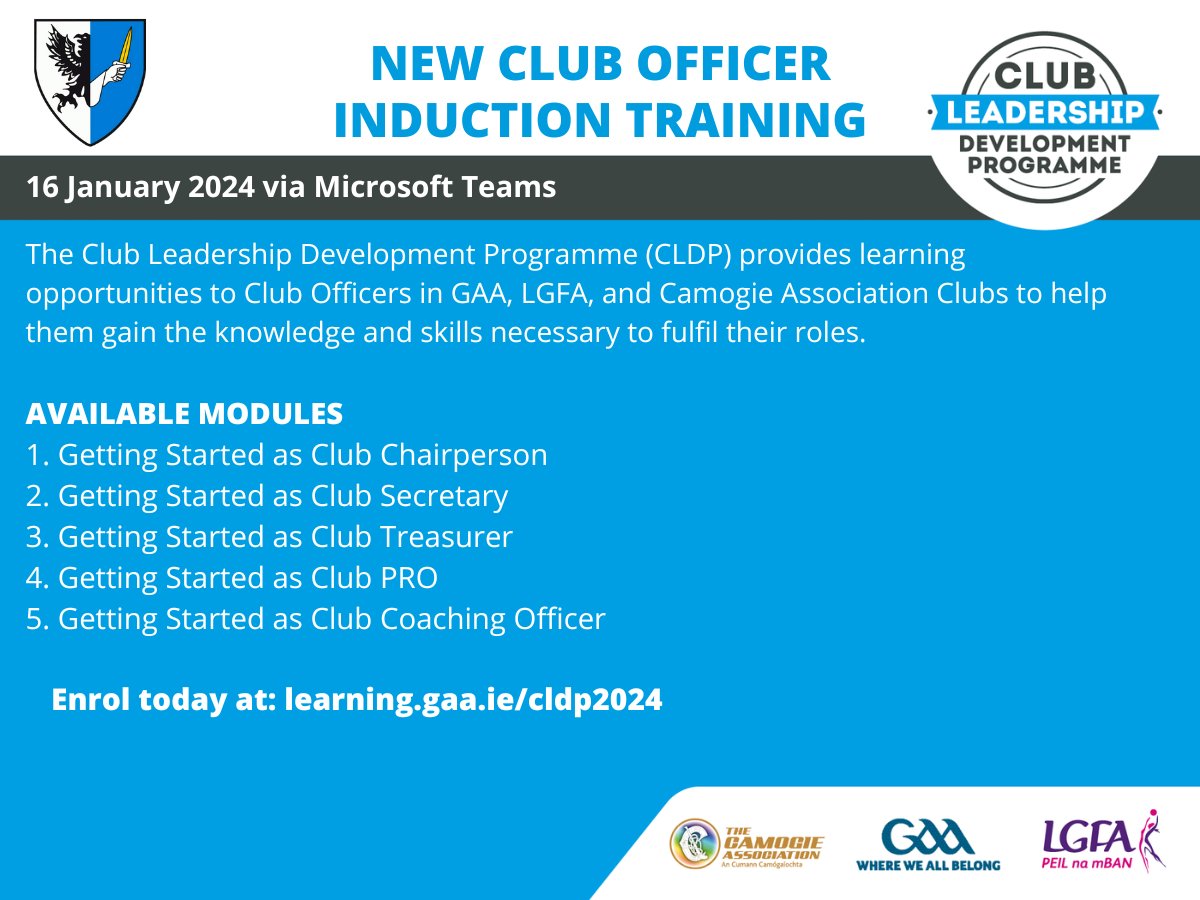 Online Club Officer Training Workshops take place 16th Jan at 7:30pm for:  
🔹Chairperson 
🔹Secretary 
🔹Treasurer
🔹PRO 
🔹Coaching Officer

These are extremely beneficial workshops which every club officer should attend!
Registration through the link:
learning.gaa.ie/officertrainin…