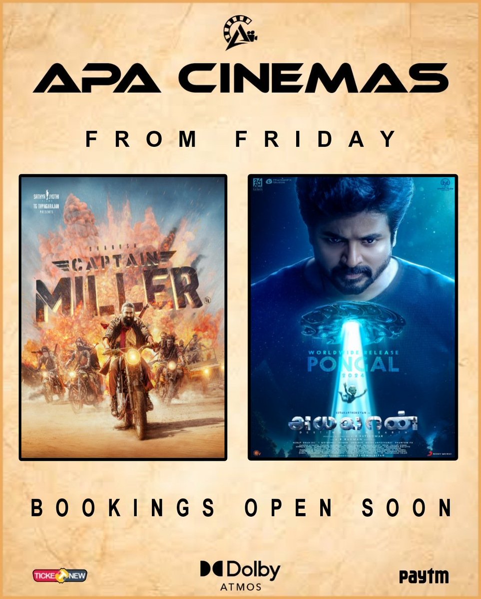 #CaptainMiller & #Ayalaan from this Friday at your #APACinemas #DolbyAtmos64Channel #7WaySound 

Bookings will commence soon

@Siva_Kartikeyan @dhanushkraja @Rakulpreet @arrahman @kjr_studios @RedGiantMovies_ @gvprakash @SathyaJyothi @siddhu_viva @Theatreskovai