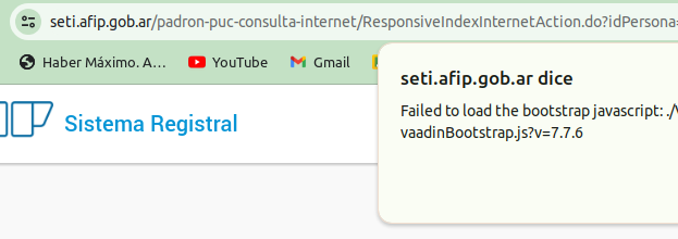 marronijp's tweet photo. @AFIPcomunica Tengo un problema en la pagina cuando quiero imprimir lso datos registral, me indica el siguiente error Failed to load the bootstrap javascript: ./VAADIN/vaadinBootstrap.js?v=7.7.6, paso tambien un print de pantalla, por favor me intiman a presentarlo https://t.co/dA7thqXZe3