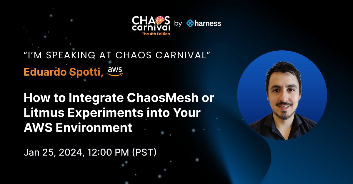 [Speaker Announcement] 📢 We are thrilled to announce Eduardo Spotti from @awscloud who will cover integrating @LitmusChaos/ @chaos_mesh experiments into your AWS environment 🧑‍💻 Register today to watch him live: bit.ly/48d9zCb