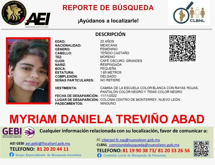COBUPEM's tweet photo. Solicitamos de tu apoyo en difusión para dar pronta localización a Myriam Daniela Treviño Abad, comunícate a los teléfonos de COBUPEM 800 216 0361, 800 509 0927.
#TodosEnLaBúsqueda https://t.co/zZgrEZe5Xt