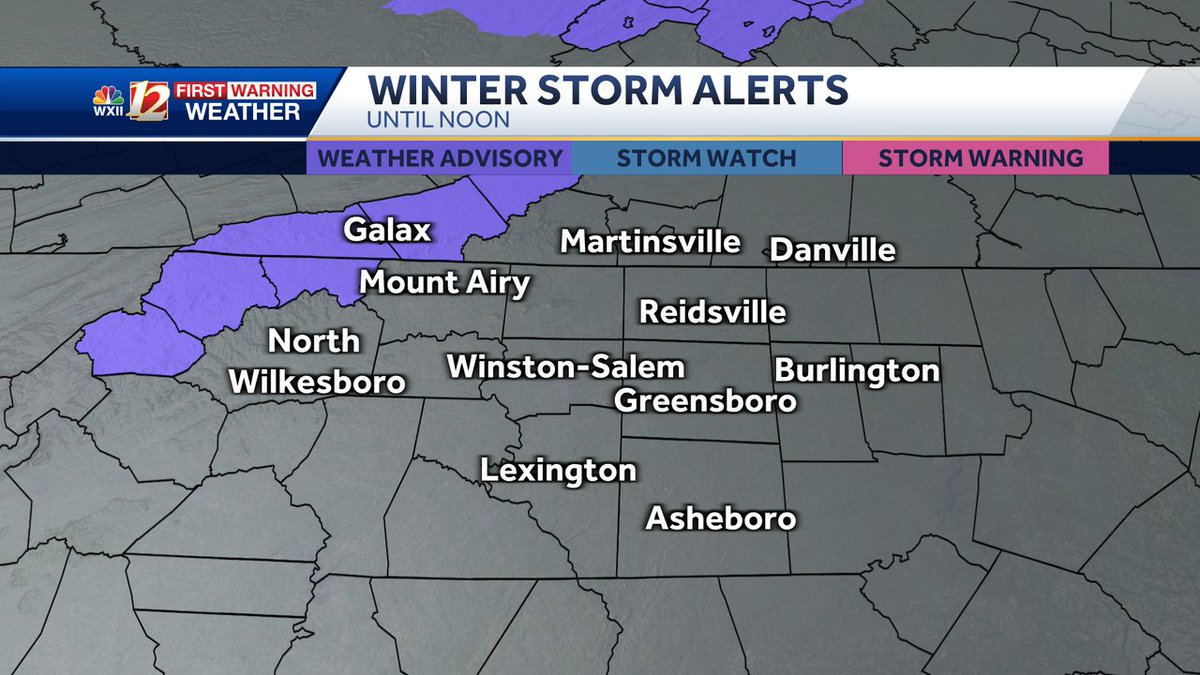 The WINTER WEATHER ADVISORY has been extended for the North Carolina and Virginia mountain counties until Noon Tuesday. Light glazing will remain possible on elevated surfaces. Slick travel is possible. Watch your step!
wxii12.com/weather