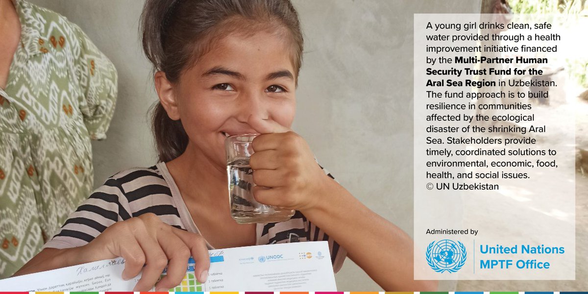 MPTFOffice's tweet photo. A young girl drinks clean safe water, thanks to a health initiative by the Human Security Trust Fund for the Aral Sea Region in 🇺🇿 where @un_uzbekistan tackles ecological disaster by providing resilience-building solutions.
➡️#PooledFunds #PostsofImpact: https://t.co/4bFIXExLLL https://t.co/rZwUe1LzKt