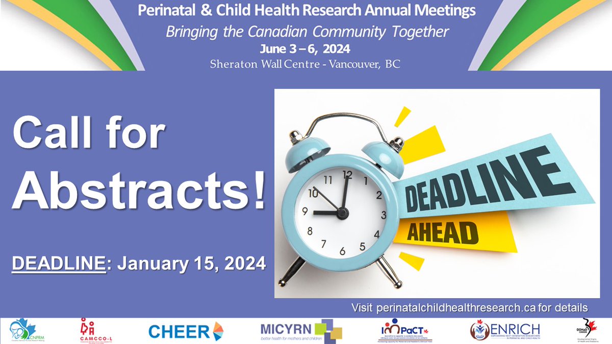 The deadline for the #CNPRM2024 and @Dohadcanada call for abstracts is January 15! Check out the website for more info! perinatalchildhealthresearch.ca/call-for-abstr…