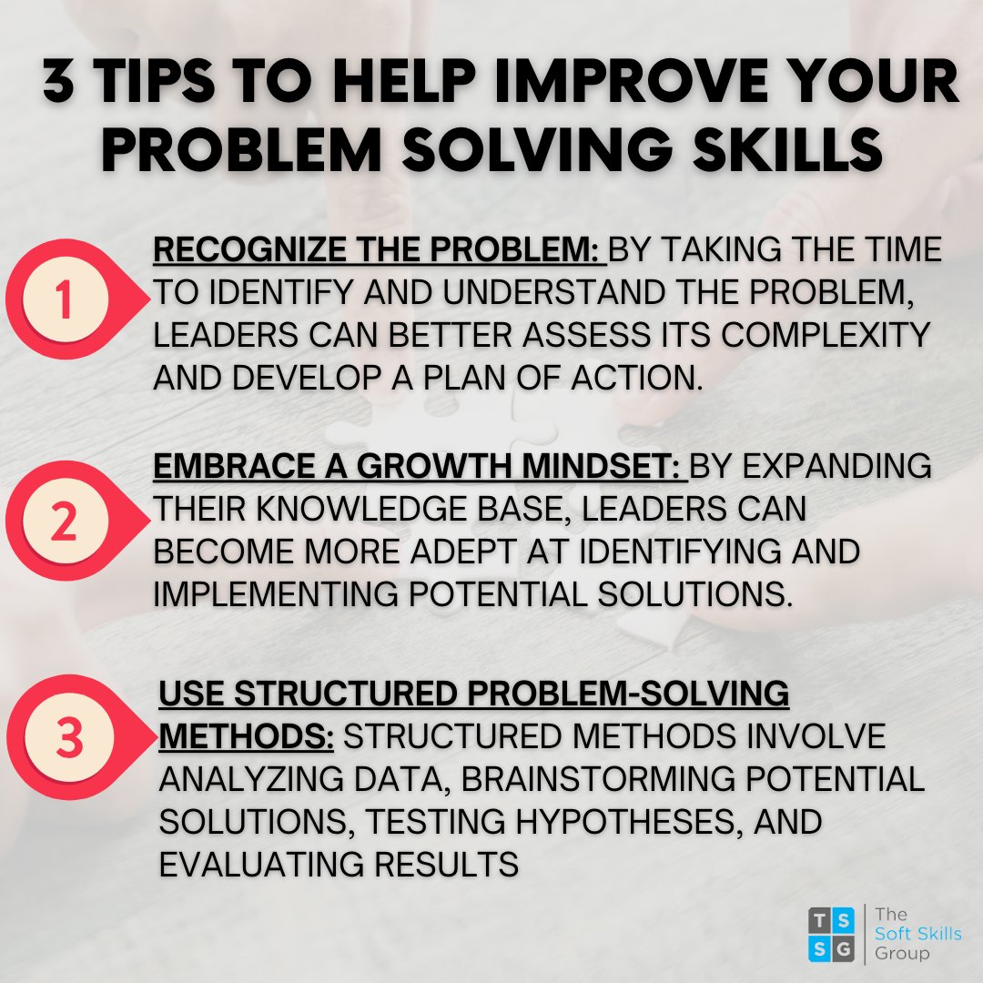 In this post, we discuss 3 tips to help improve your problem solving skills. 

#1. Recognize the Problem
#2. Embrace a Growth Mindest
#3. Use Structured Problem-Solving Methods

#problemsolvingskills #problemsolving #softskills #softskillstraining #softskillscoaching
