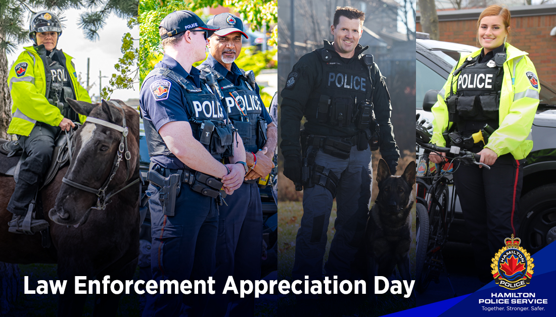 HamiltonPolice's tweet photo. Today is National Law Enforcement Appreciation Day! 
We express our gratitude to all the dedicated officers and personnel of the Hamilton Police Service. 
Your unwavering commitment to keeping #HamOnt safe and making a positive impact doesn't go unnoticed. #ThankYou https://t.co/hccnMi2Uzh