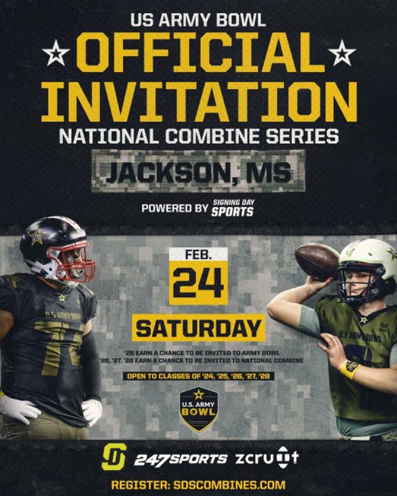 Blessed to be invited to the U.S. Army Bowl combine series. 
@JJKilgore_SDS @ShedrickMckenz2 @warren_rowan @MinistryIron @ESPN3ALLDAY @goodwin_coach @CoachEdwards_66 @JacksonPrep_FB @Rebels247