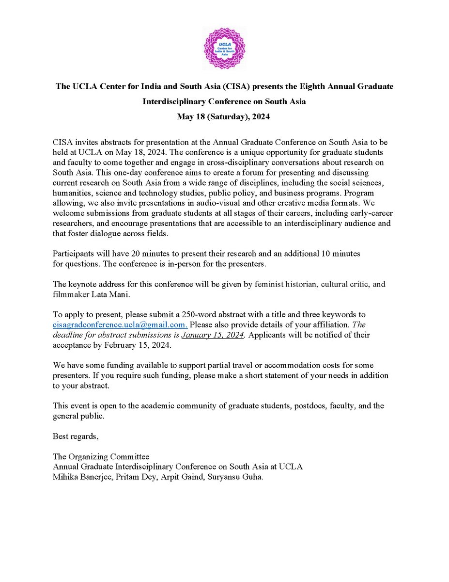 UCLACISA's tweet photo. Call for Papers: The Eighth Annual Graduate Interdisciplinary Conference on South Asia, May 18 (Saturday), 2024
The keynote address for this conference will be given by feminist historian, cultural critic, and filmmaker Lata Mani. https://t.co/pMJOIJY1Wn