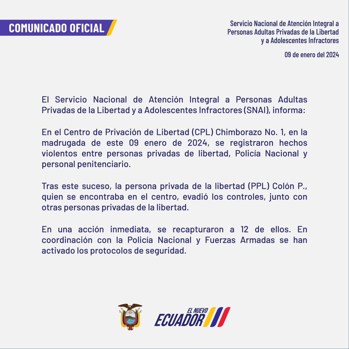 El Servicio Nacional de Atención Integral a Personas Adultas Privadas de la Libertad y a Adolescentes Infractores informa: