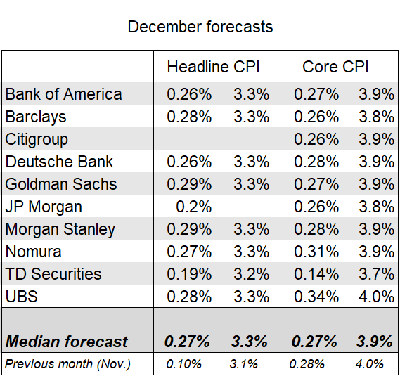 This week's anticipated data release is the December CPI Wall Street forecasters expect the core index rose 0.3% from November, lowering the 12-month rate slightly to 3.9%. They see the headline index up 0.3% from November, pushing the 12-month rate up to 3.3%.