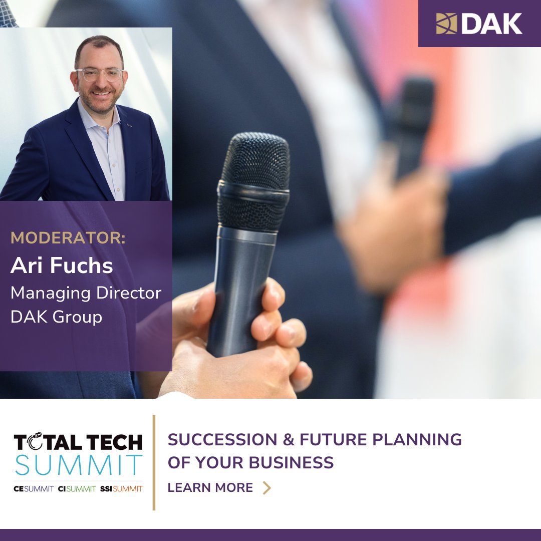 TheDAKGroup's tweet photo. Managing Director, Ari Fuchs moderated the Succession &amp; Future Planning of Your Business panel at Total Tech Summit The panel discussion highlighted crucial aspects of succession &amp; future planning for businesses, attracting over 300 industry leaders.  https://t.co/UNwbjUyH8l https://t.co/hhCYvyBxE5