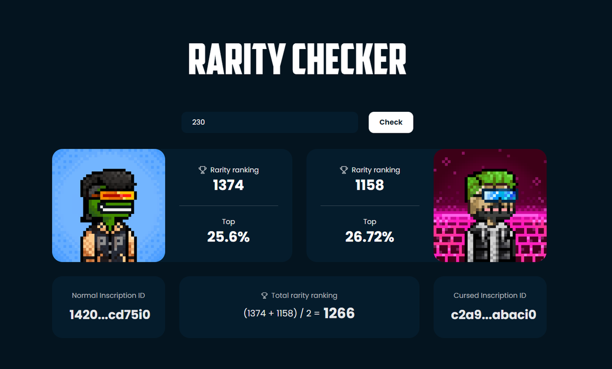 GM, Punks!   

The re-inscription rarity tool was quite challenging, so it took us some time to figure it out.  

 But the wait is finally over!   

We've developed a rarity tool that calculates ranks based on the cursed side and block 9 side.   

To check the rarity, visit the