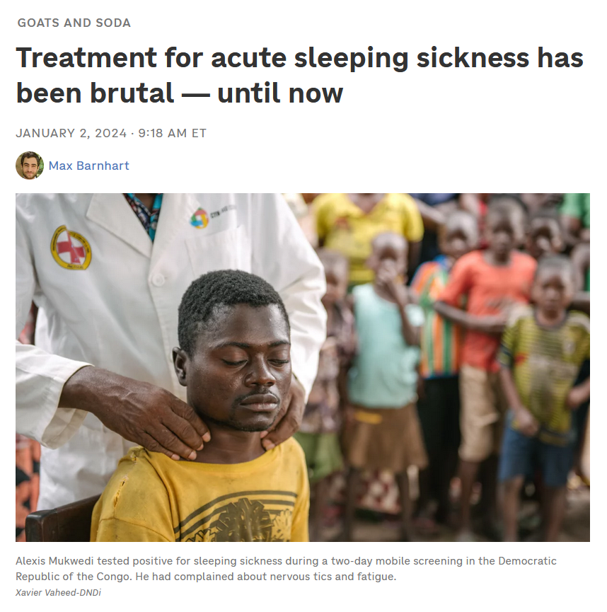 #SleepingSickness is 'a disease that has shown more than once that it comes back if we look away.'

But we now have a safe, effective, oral cure for the most acute form of the disease &amp; we can be ready for future outbreaks. Great story by <a href="/NPR/">NPR</a>.

npr.org/sections/goats…