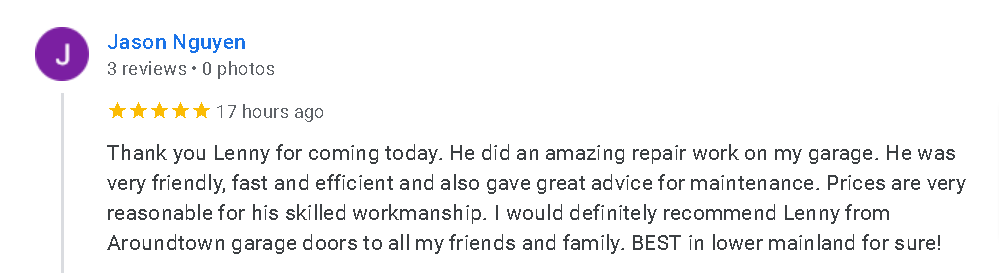 AroundTownDoors's tweet photo. Thanks Jason for your 5 star review this week!    Aroundtown Garage Doors Ltd.
 Call anytime for same day service!    
604-259-2534 https://t.co/Cm8H5yu721