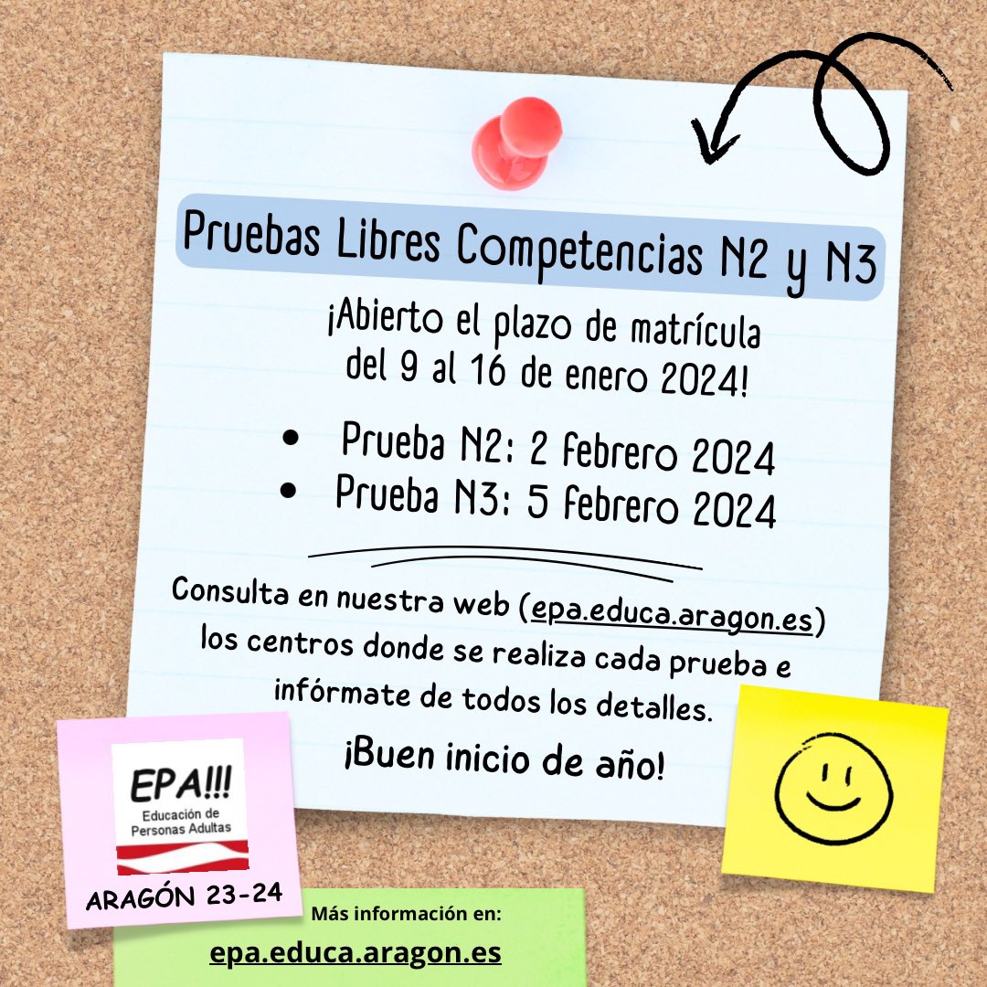 📣PRUEBAS LIBRES N2/N3
Abierto el plazo de inscripción para las pruebas libres de Competencias N2 y N3 de la convocatoria de febrero de 2024.
➡️ Desde hoy hasta el 16 de enero.
¡Mucho ánimo y a por ello!