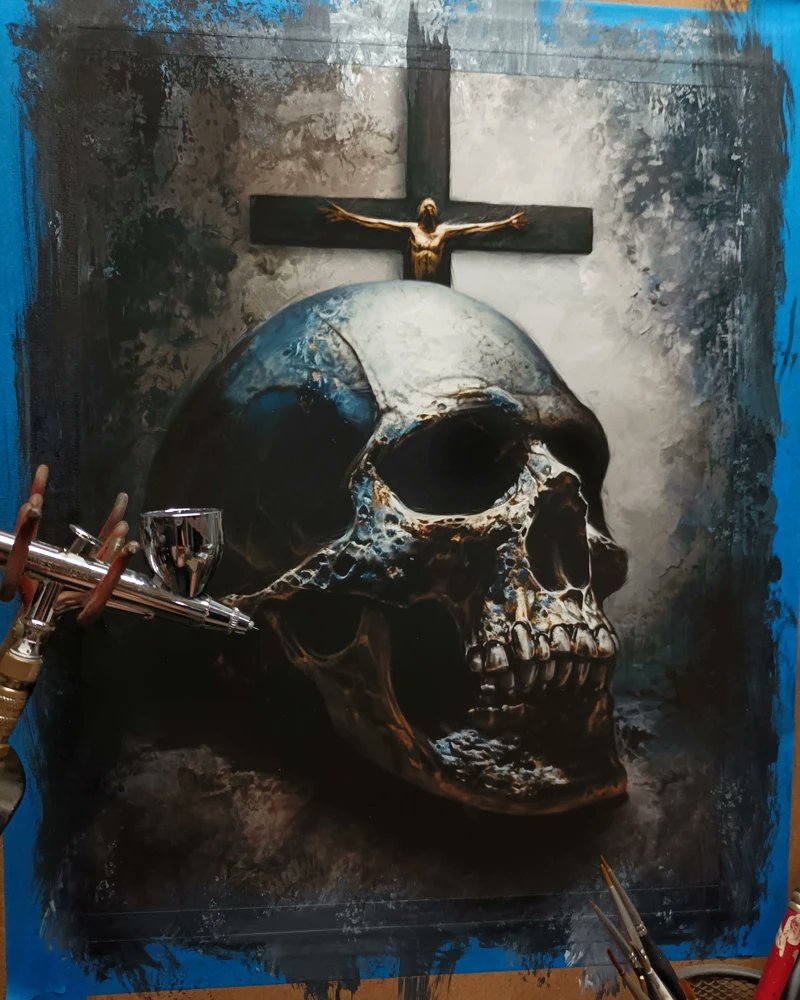 NothingChrist II.  Slave to a system . Echo chamber of unanswered prayers. First painting of the new year. Airbrush and inks
#art