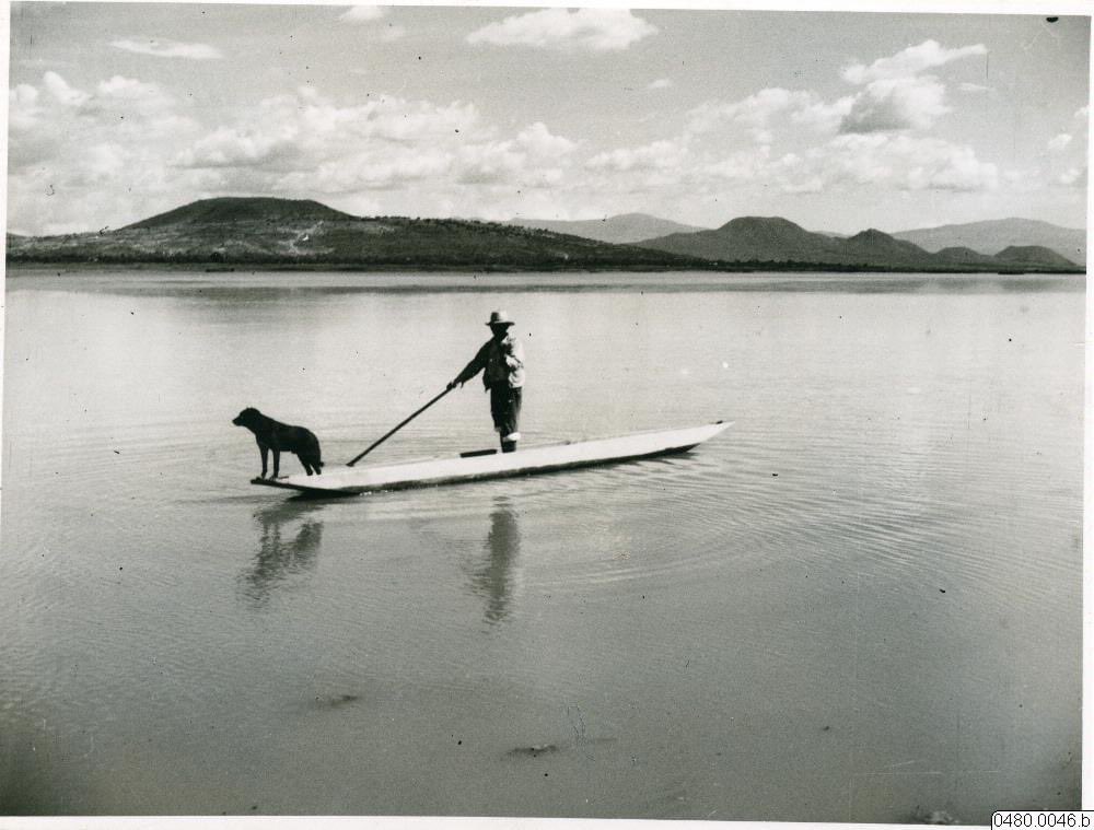 Cuando existían lagos en la cuenca de México. En esta fotografía podemos ver a un hombre en su canoa acompañado de su perro en los remanentes del Lago de Texcoco a finales de los años treinta, por la zona de Atenco. En la actualidad no existe prácticamente nada del famoso Lago de