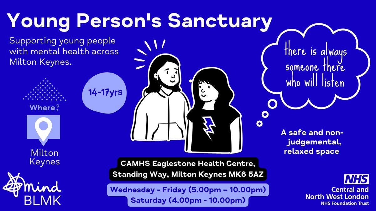 📣 We are delighted to be working in collaboration with @CNWLNHS and CAHMS to bring our Young Person's Sanctuary to Milton Keynes, launching 24th January! 👉 For 𝗺𝗼𝗿𝗲 𝗶𝗻𝗳𝗼𝗿𝗺𝗮𝘁𝗶𝗼𝗻 on our Sanctuaries you can visit our website; mind-blmk.org.uk/how-we-can-hel… 💙