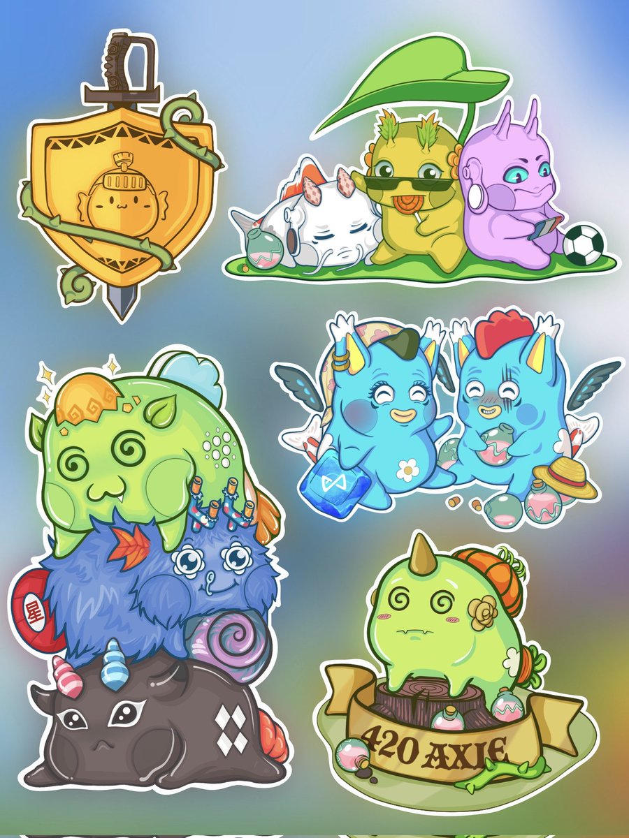 kranosija's tweet image. Was compiling my pieces and realized this looks like a sticker sheet 😆 A cute throwback for some of my @AxieInfinity fanarts/commissions back in '21 ♡