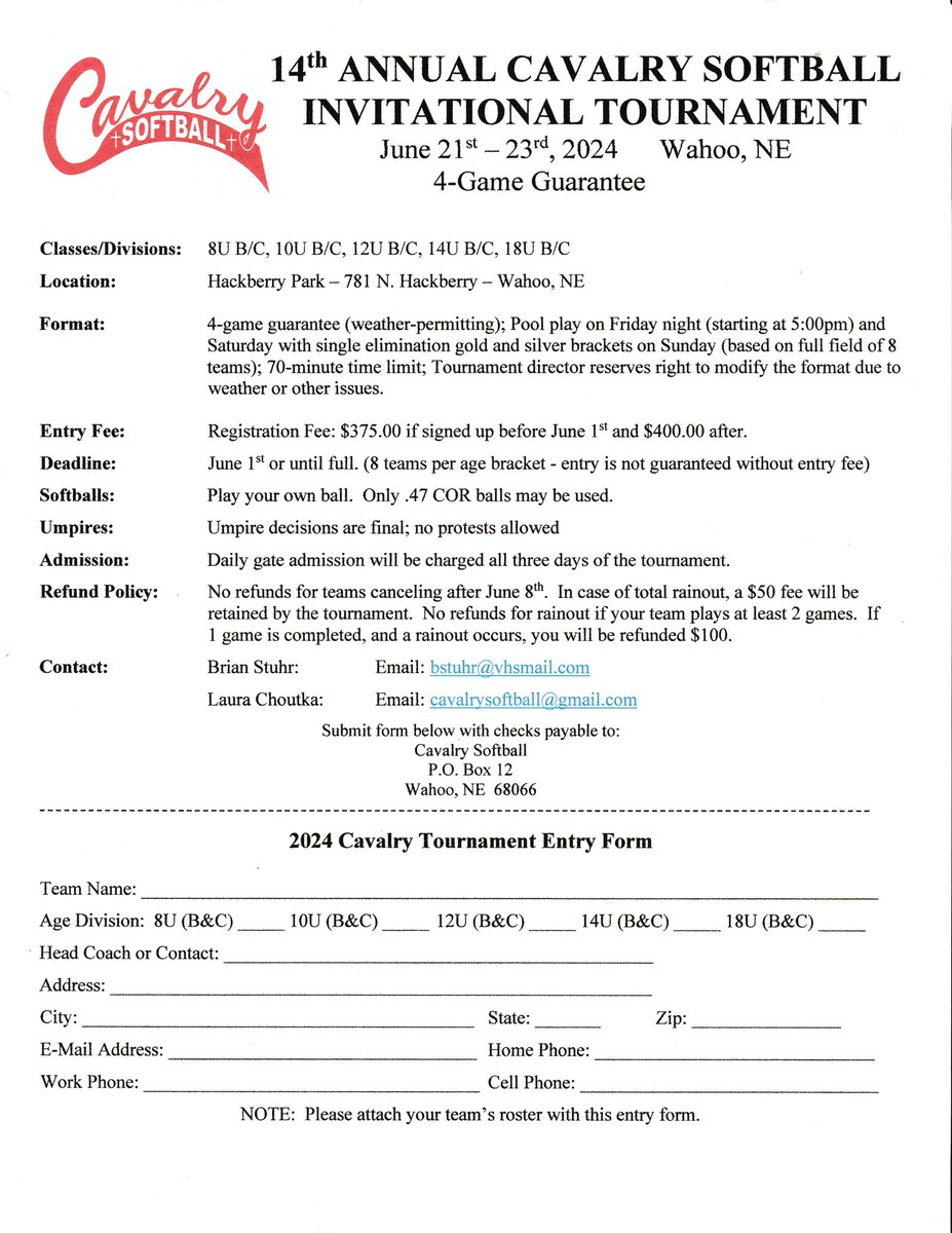 CavalrySoftball's tweet photo. 📣Update: 10U is full, but we still have openings in 8U, 12U, 14U, and 18U divisions.

Come out to Wahoo for a competative, fun, well-run tourament! June 21st - 23rd. 
Email: cavalrysoftball@gmail.com with questions. https://t.co/aNQWtxW7jM