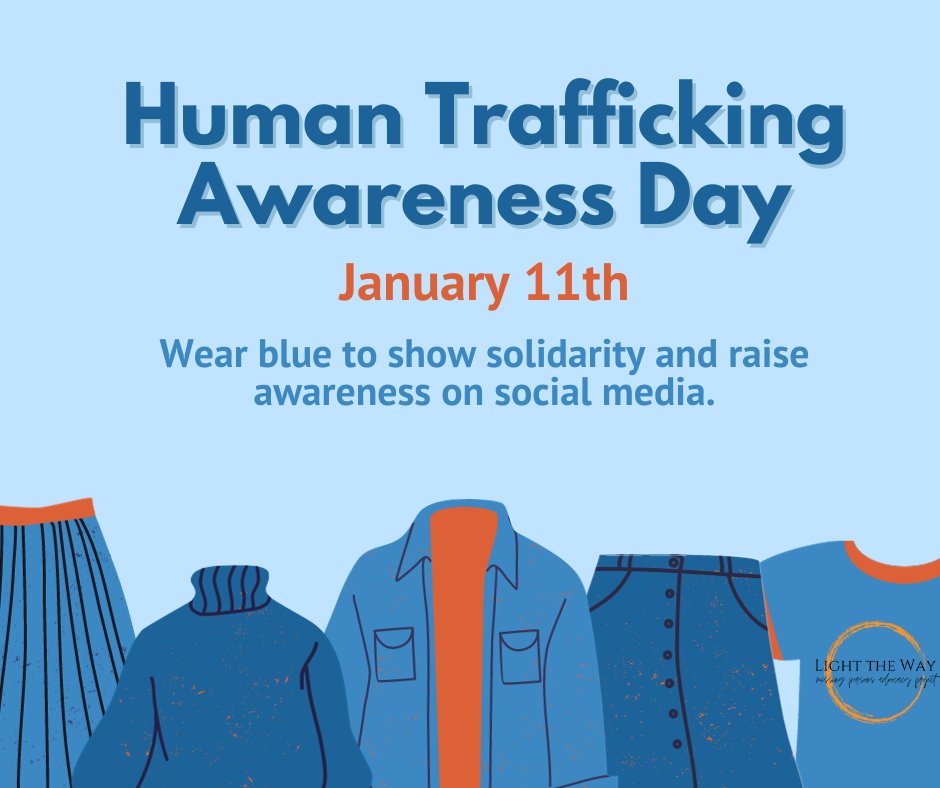 Blue is the international color for #HumanTrafficking awareness. January is #HumanTraffickingPreventionMonth and on the 11th we will be participating in #WearBlueDay to raise awareness about human trafficking. We hope you will join us!